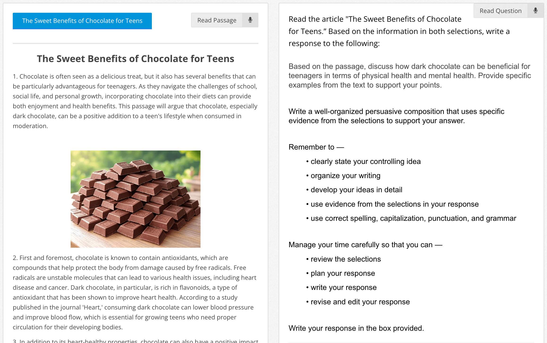 Grade 6 - ECR 6.11C - Argumentative (Chocolate Benefits for Teens) - Lexile 875L tiny